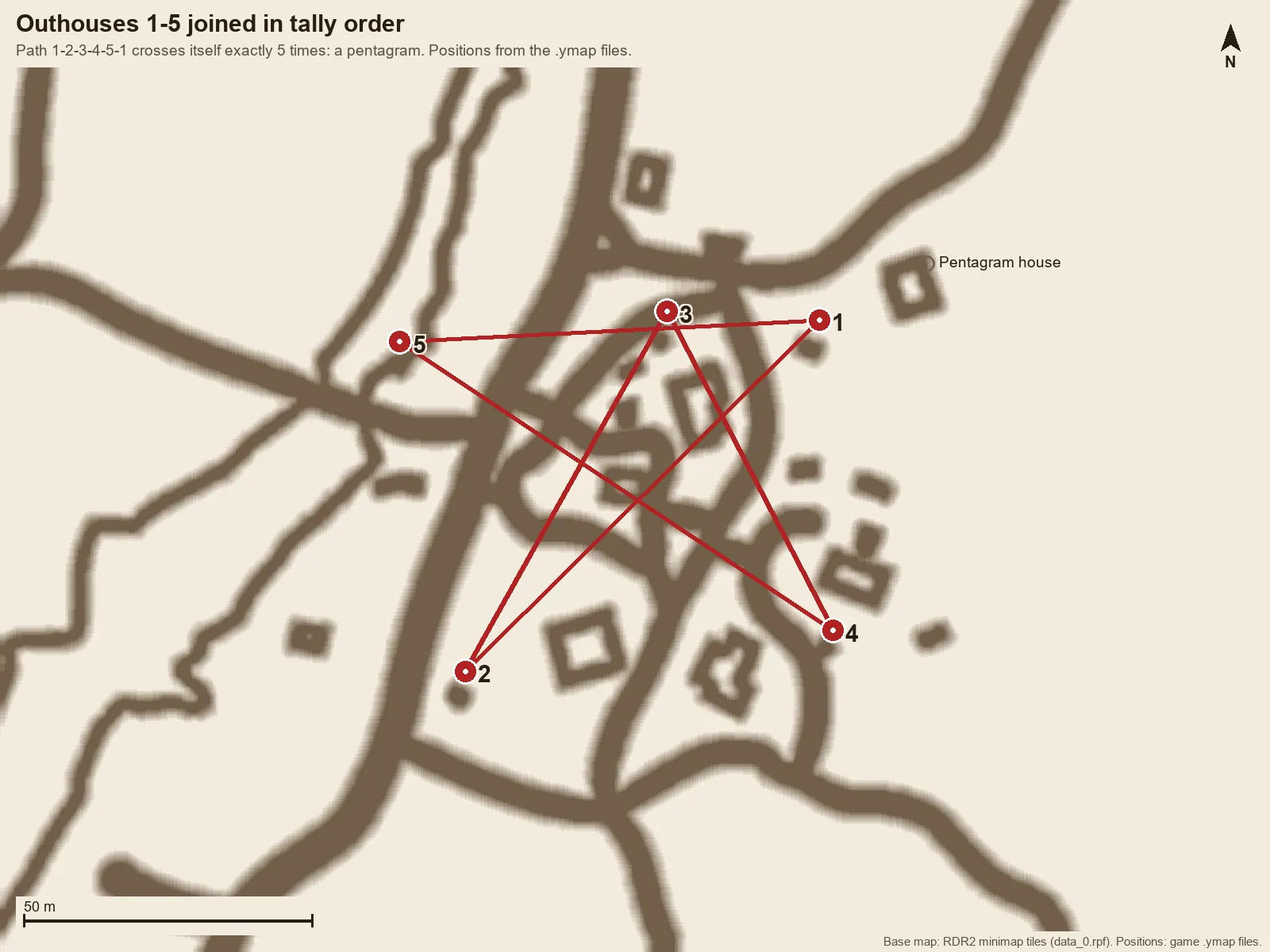 Map of the five Butcher Creek outhouses joined 1-2-3-4-5-1 by red lines that form a five-pointed star.