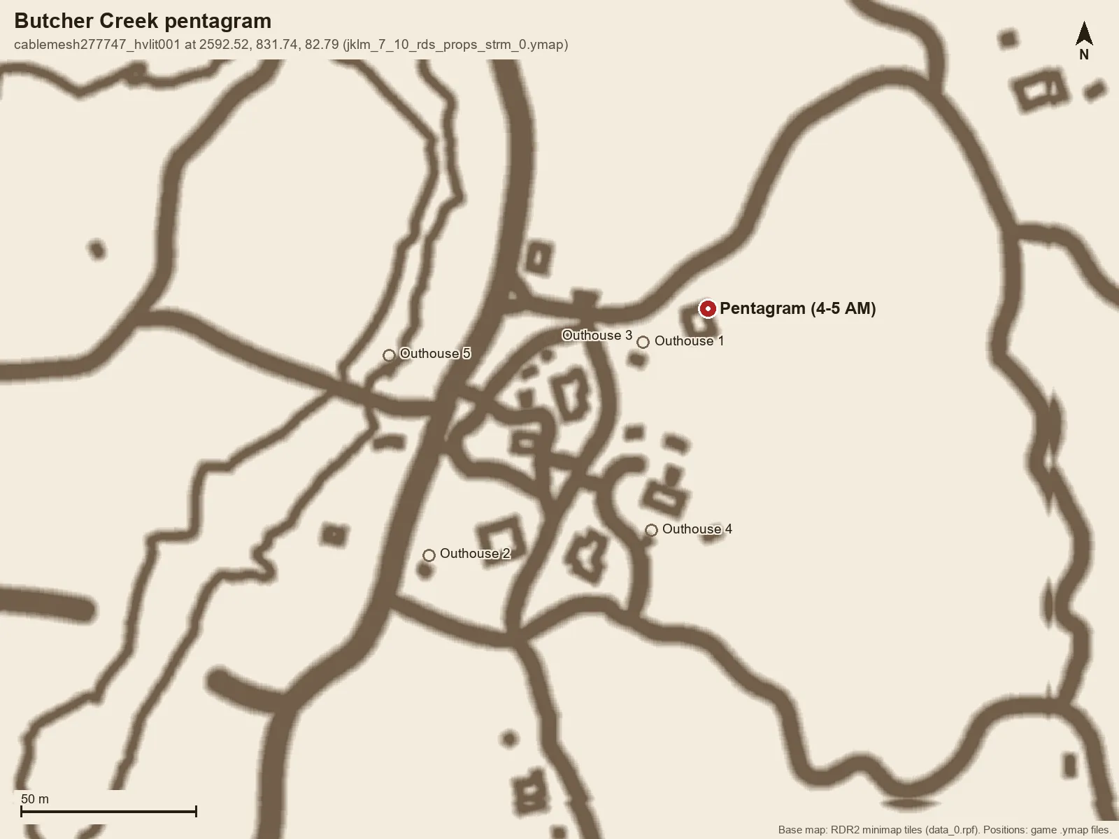 Map of Butcher Creek from the game's minimap tiles with a pin on the pentagram house and hollow markers on the five outhouses.