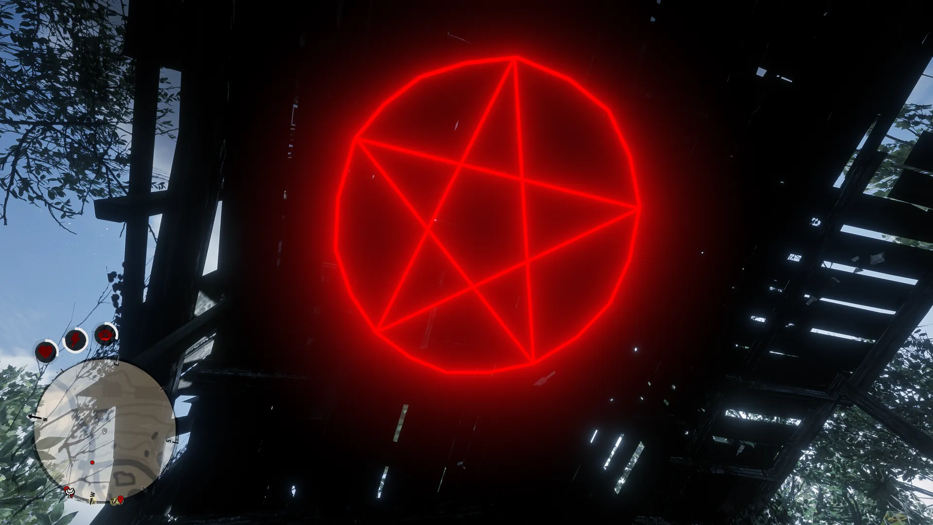 The red pentagram on the underside of the Butcher's Creek house, seen from below.