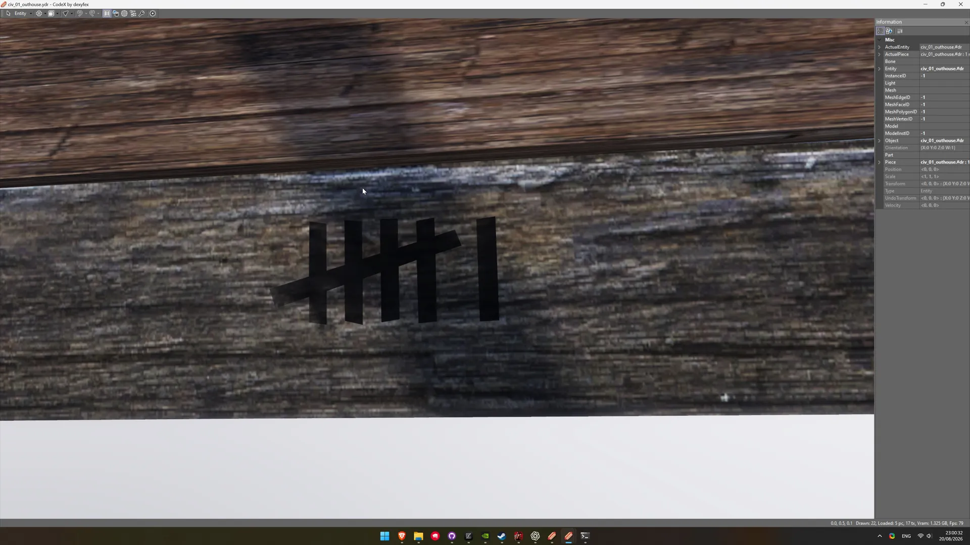 CodeX asset view of civ_01_outhouse.ydr showing tally mark 6.