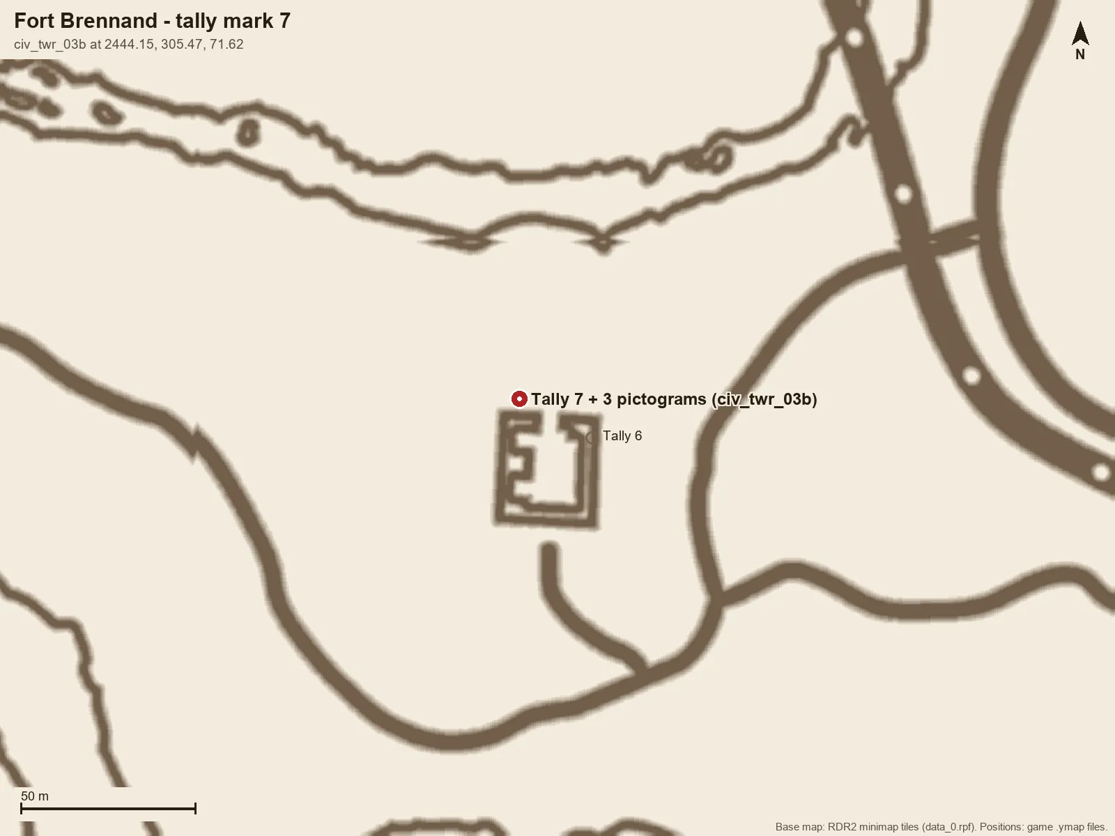Fort Brennand minimap with a pin on the tower holding tally mark 7 and the pictograms.