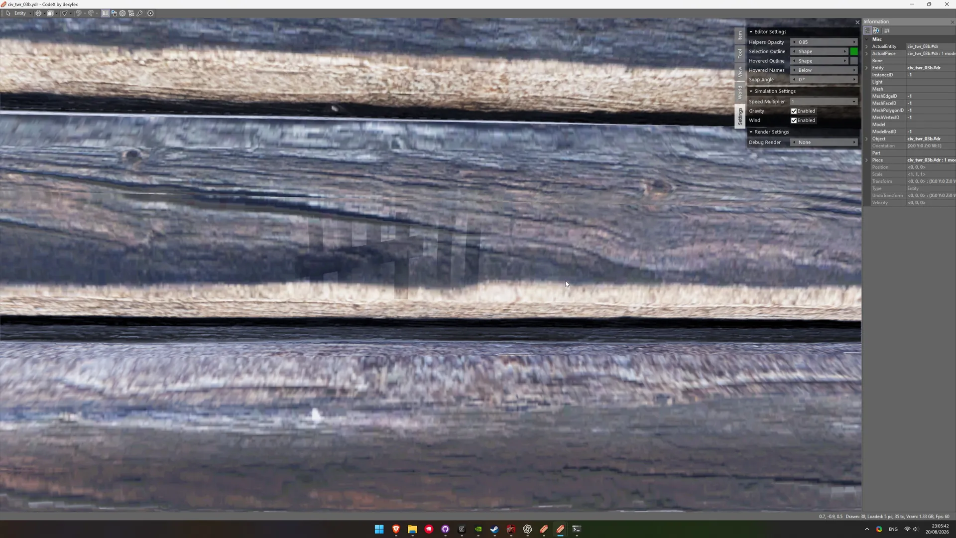 CodeX asset view of civ_twr_03b.ydr showing tally mark 7.