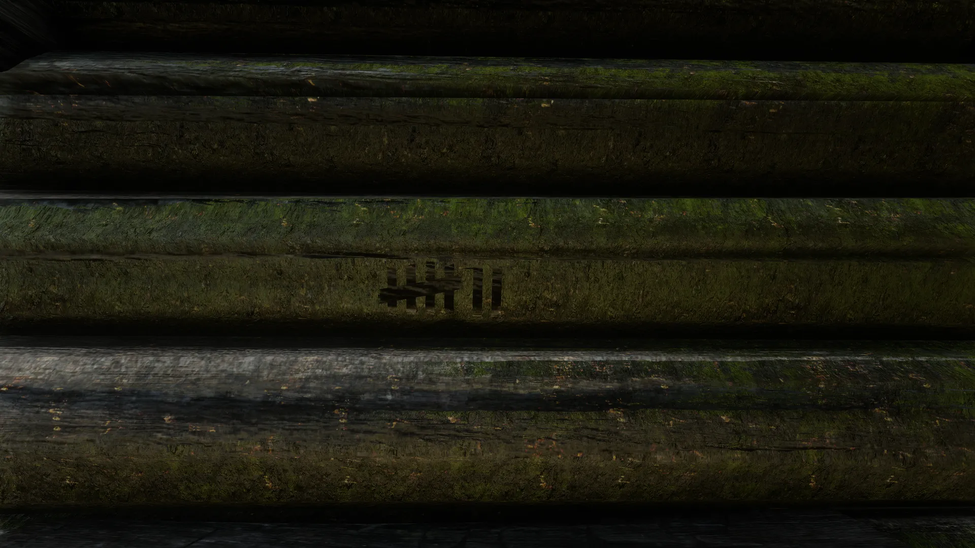 Free-camera view of tally mark 7 inside the Fort Brennand south watchtower fireplace.