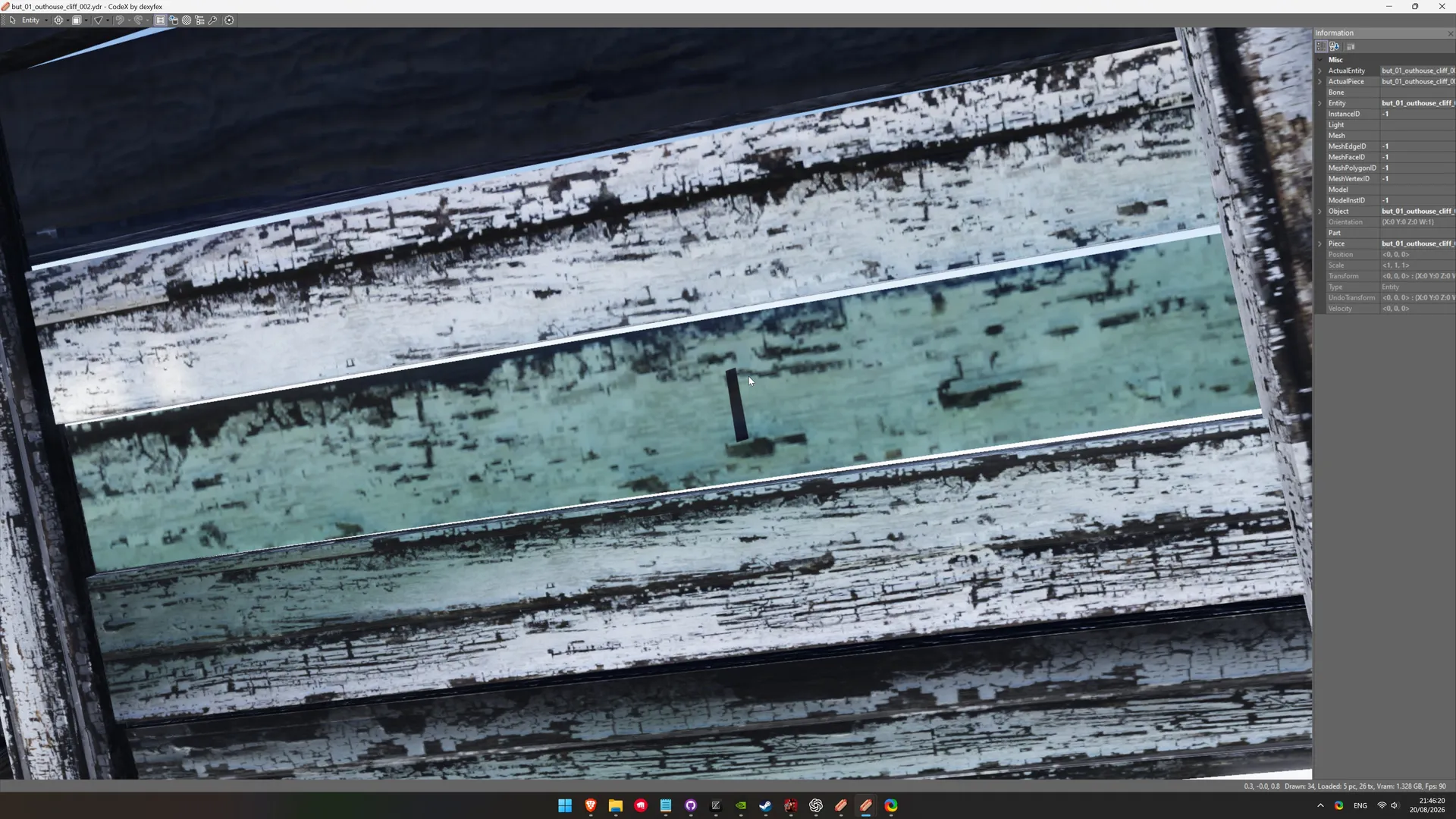 CodeX model viewer showing the Outhouse 1 asset but_01_outhouse_cliff_002.ydr, with a single black tally mark on a pale weathered plank.