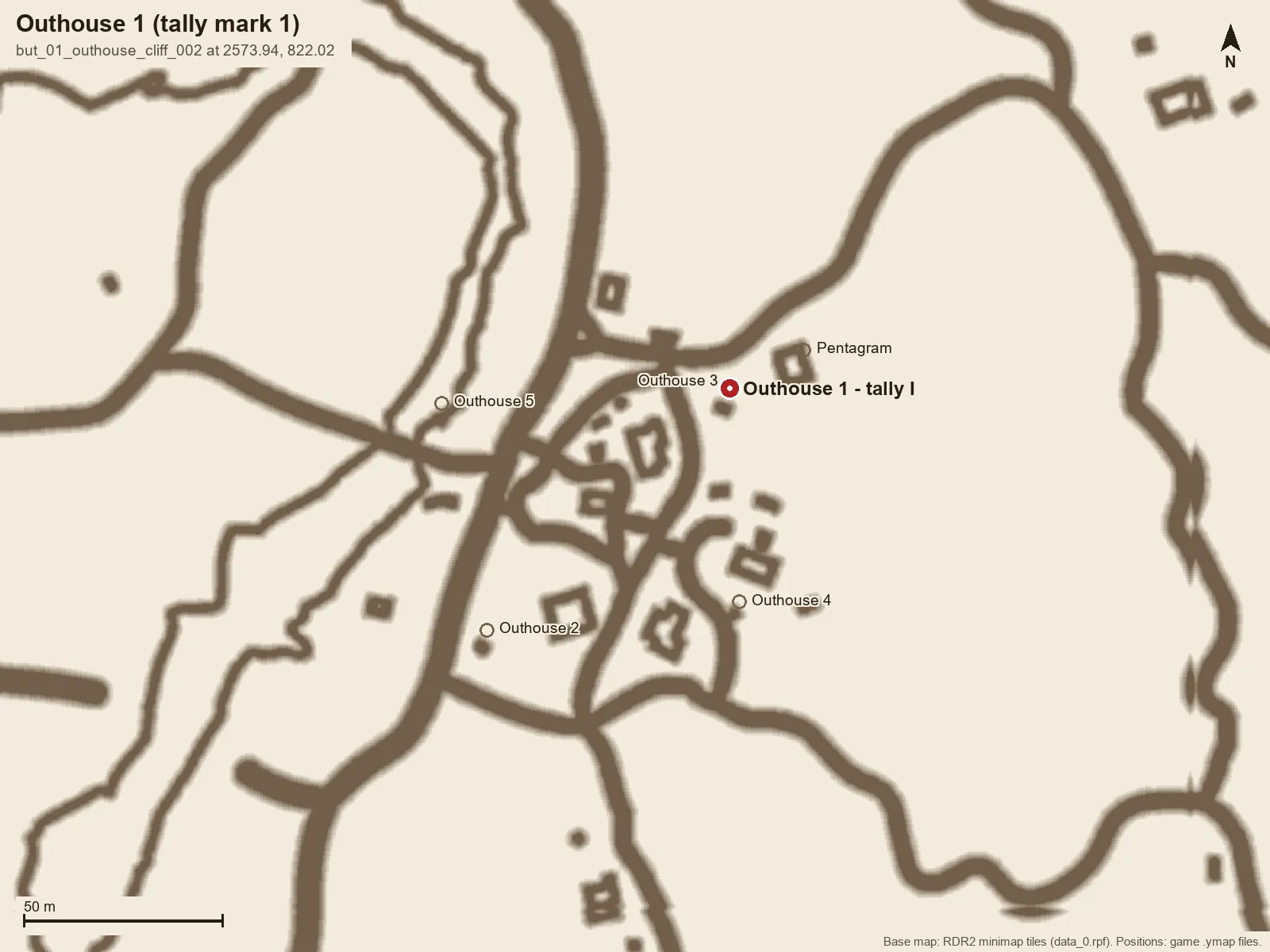 Butcher Creek minimap with a pin on Outhouse 1 and hollow markers on the other outhouses.