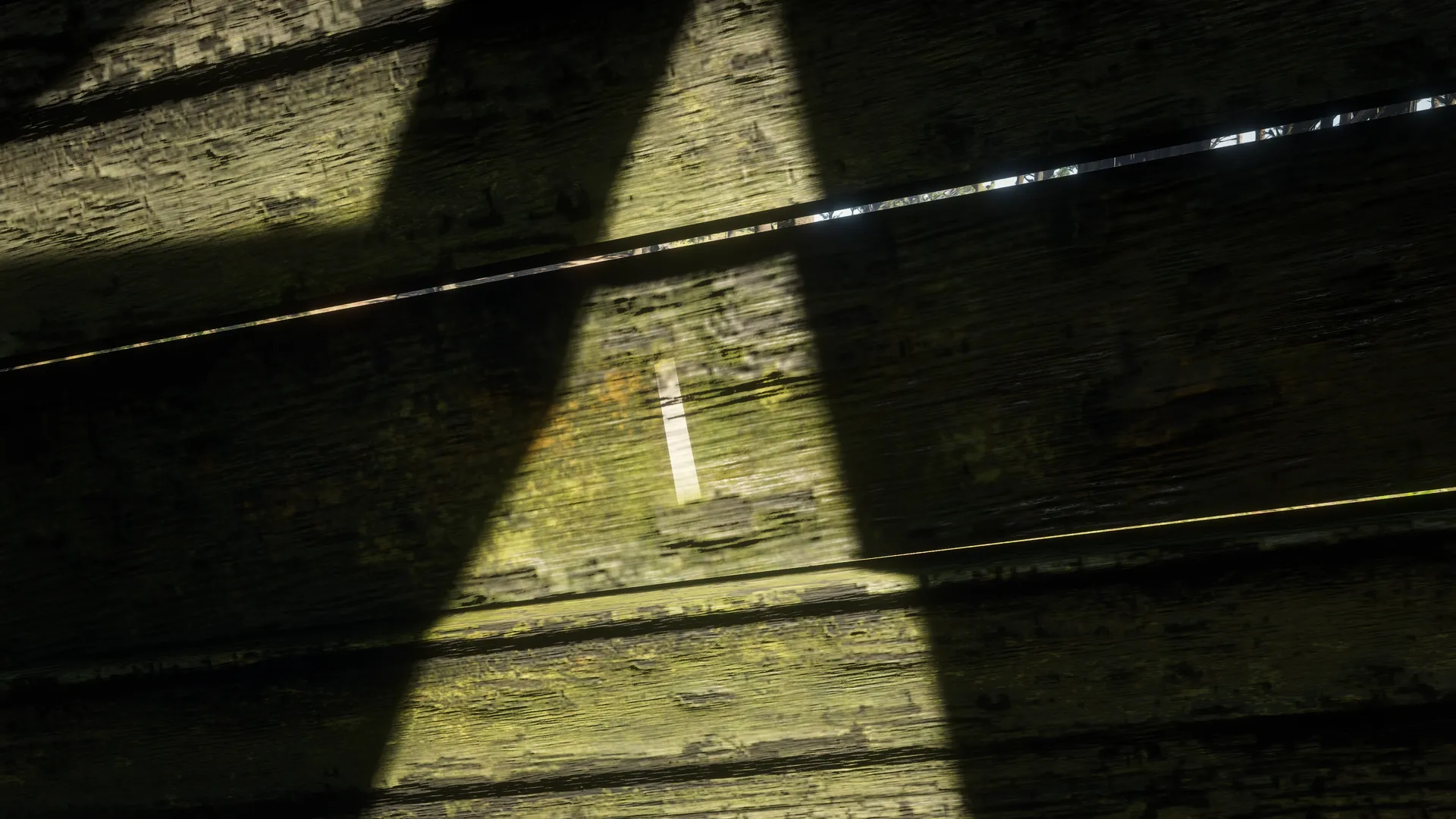 A single white tally mark painted on the weathered boards inside Outhouse 1.