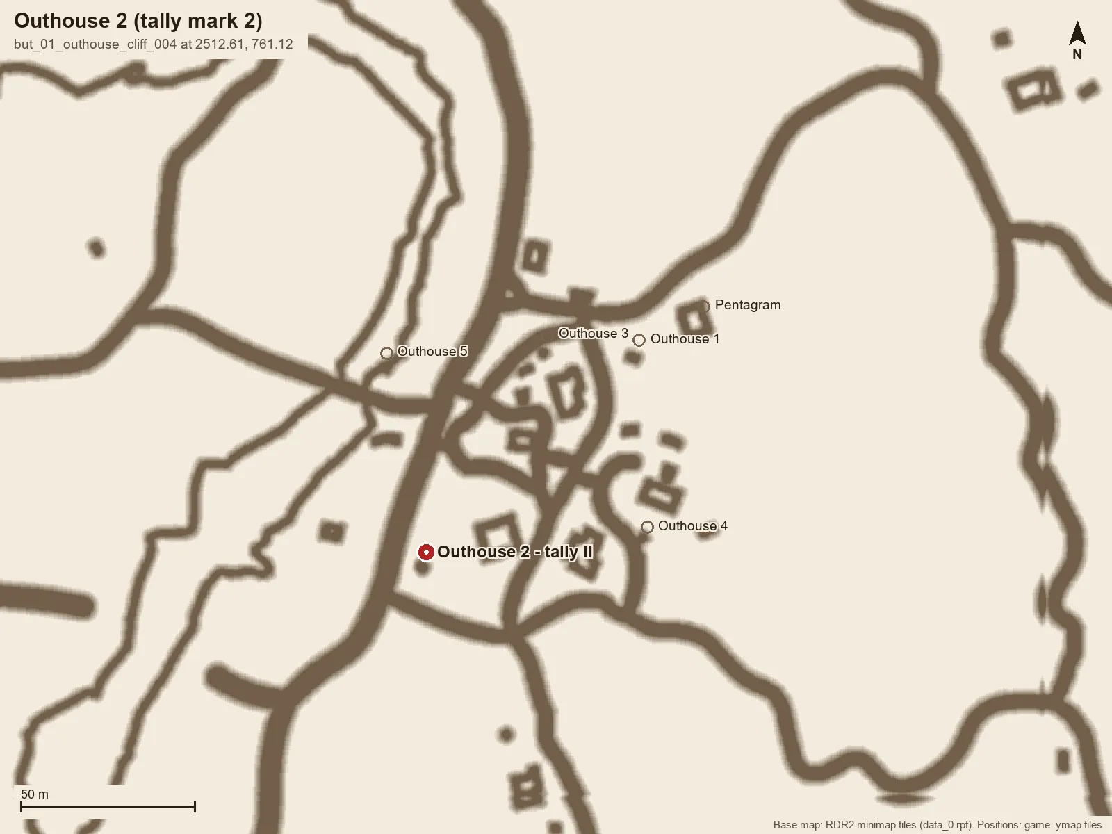 Butcher Creek minimap with a pin on Outhouse 2.