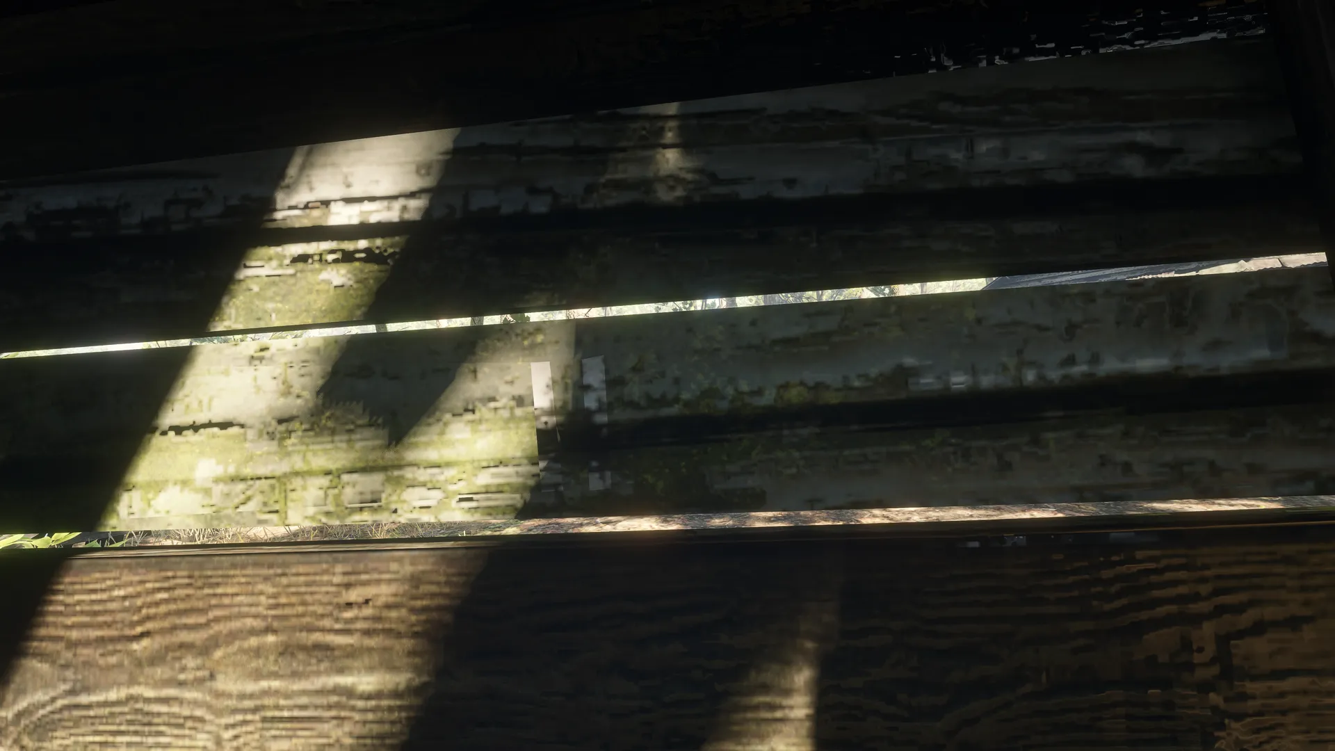 Free-camera close-up of two vertical white tally marks on the dark weathered interior boards of Outhouse 2.