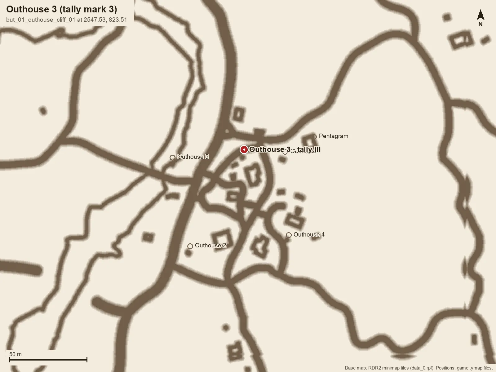 Butcher Creek minimap with a pin on Outhouse 3.