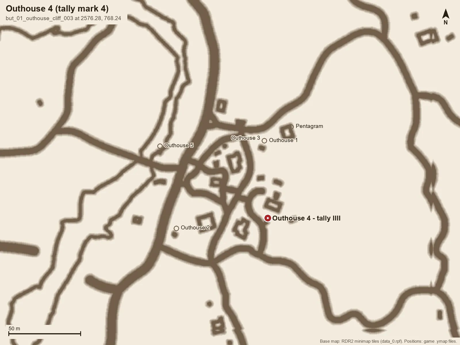 Butcher Creek minimap with a pin on Outhouse 4.
