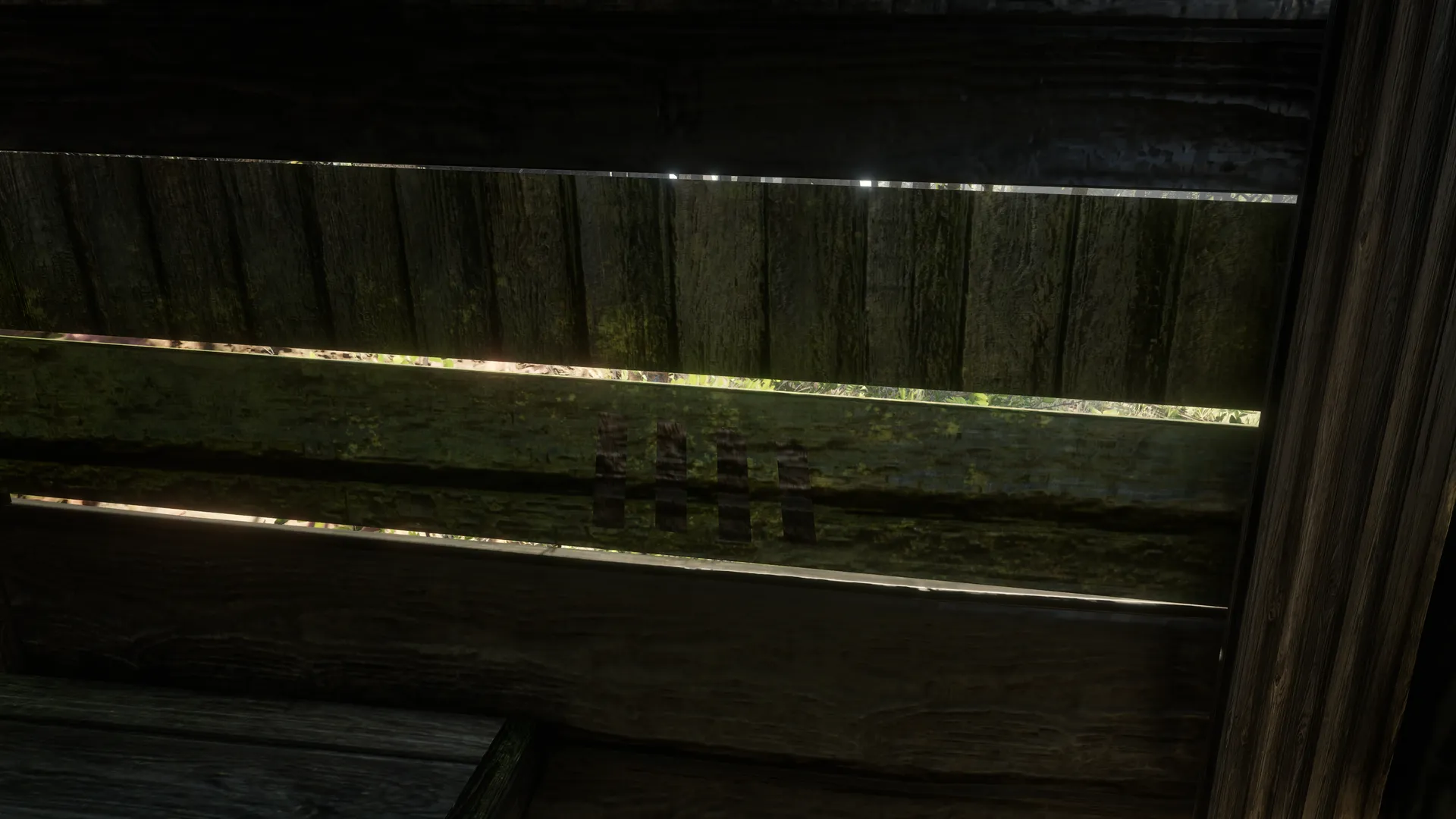Free-camera close-up of four dark vertical tally marks on a moss-covered interior plank in Outhouse 4.
