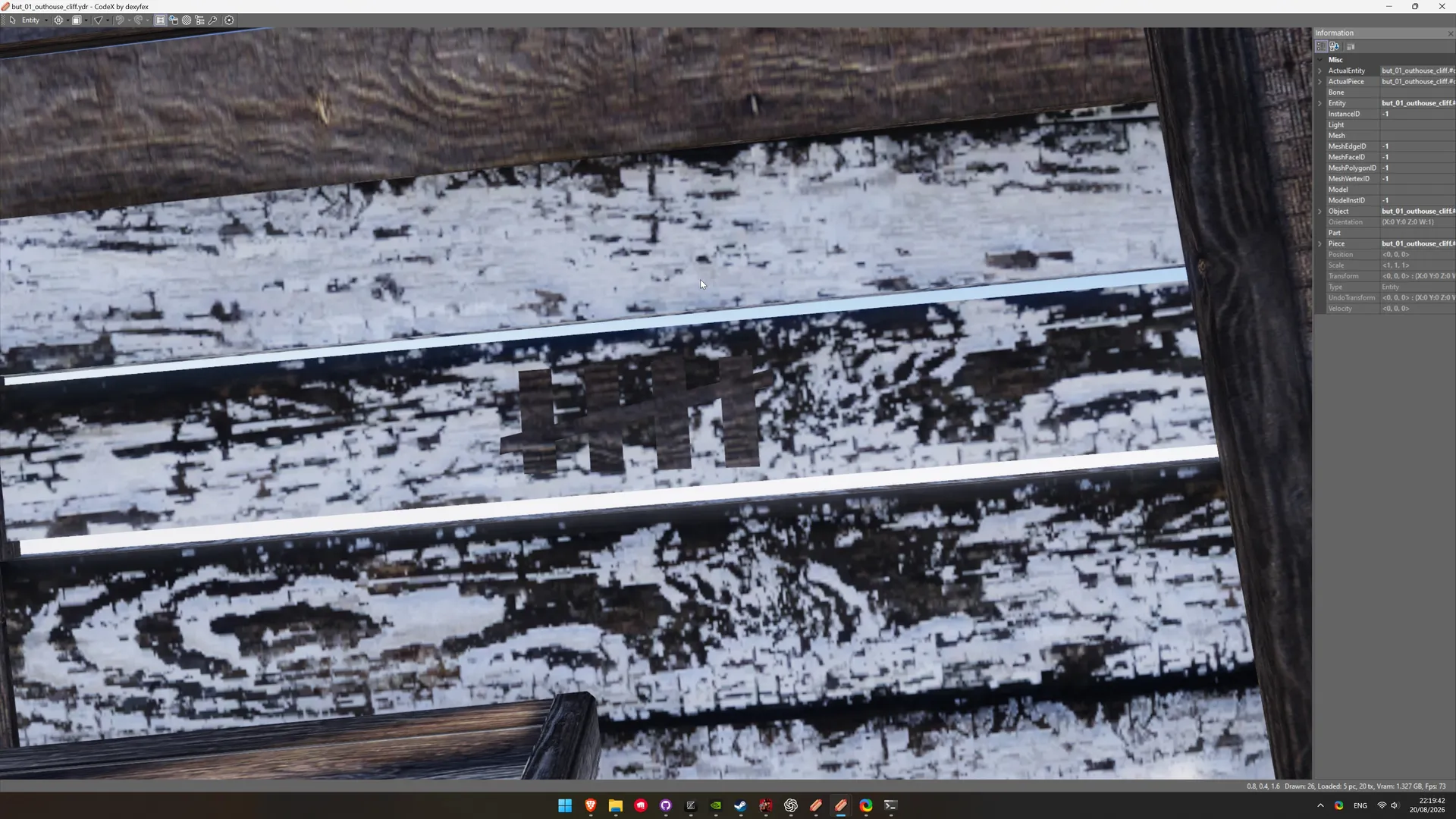 CodeX model viewer showing the Outhouse 5 asset but_01_outhouse_cliff.ydr, with five tally marks on a pale weathered plank.