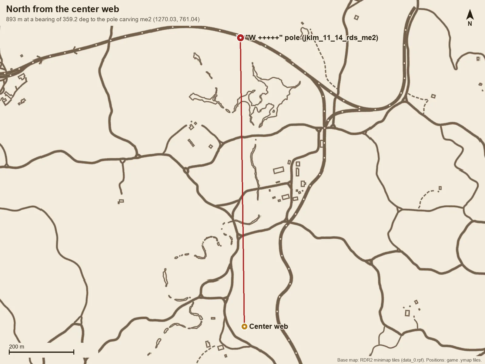 Minimap with a line due north from the center web to the W pole carving.