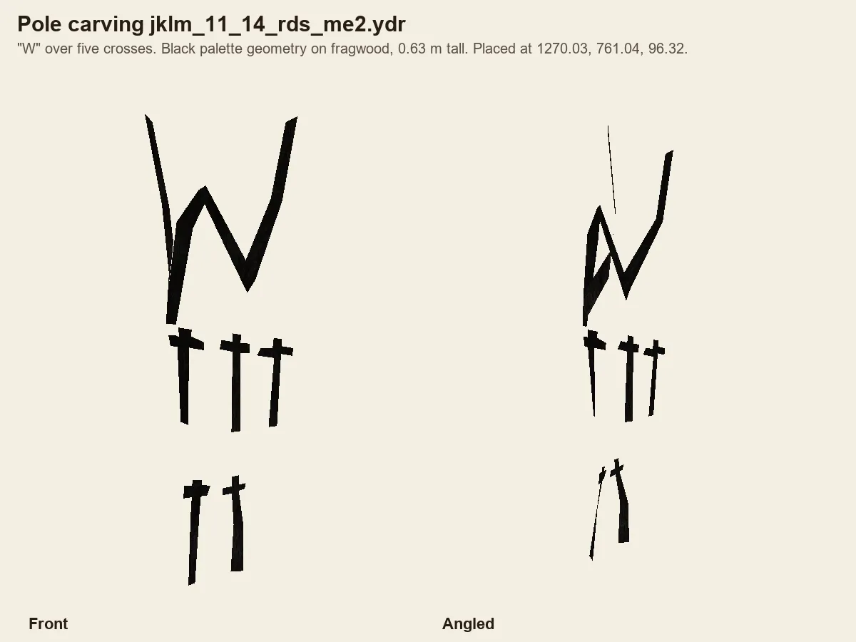 Render of the pole carving model: a W above five crosses.