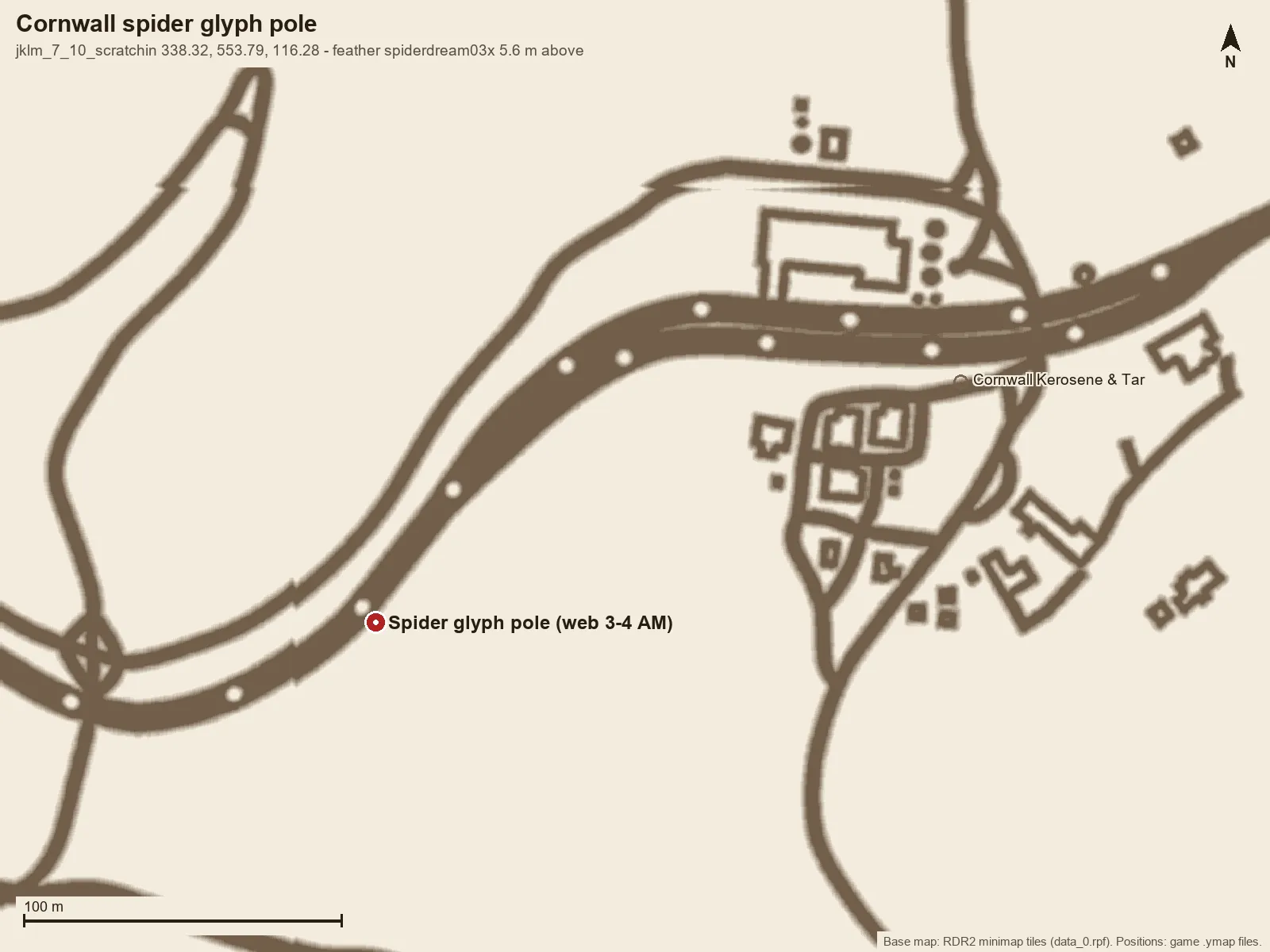 Minimap with a pin on the Cornwall spider glyph telegraph pole.