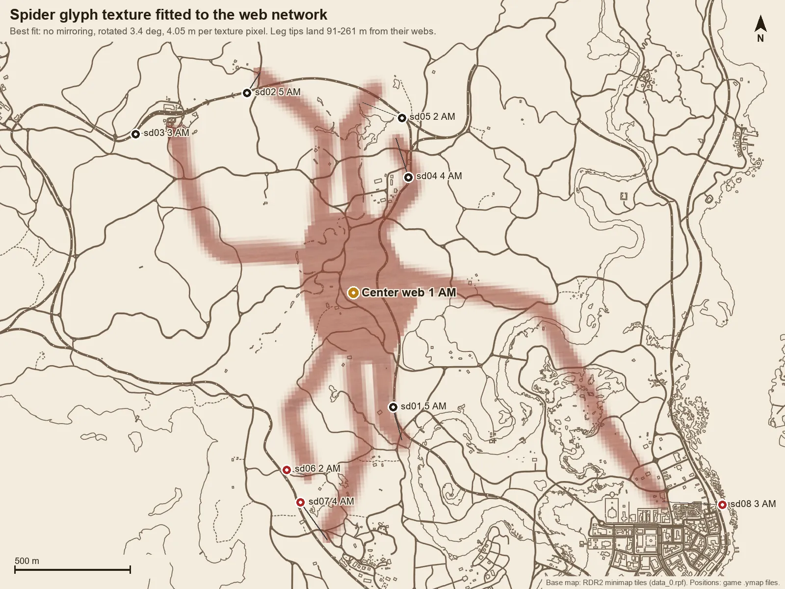 The spider glyph texture fitted over the game map, legs reaching the eight web positions with the body on the center web.